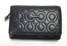 Coach Monogram Embossed Black Wallet Pink Interior Logo Tri Fold