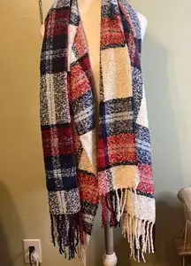 Aerie  chunky red white blue plaid oversized blanket wrap around scarf w/ fringe