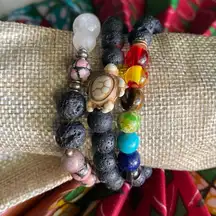 Set 3 Multi-Gemstone Quartz Lava Bead Chakra Diffuser Charm Stretch Bracelets