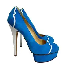 Charlotte Olympia Pumps Womens 37 Blue Suede DOLLY Platform Heels ￼shoes $995