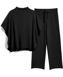 Women's Two Piece Outfits 3/4 Batwing Sleeve Capelet Crew Neck Pullover Top Wide Leg Pants Lounge Set