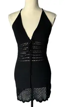 Le Lis Cover up Dress Size Small Halter Neck Black Crochet Tie Front Boho