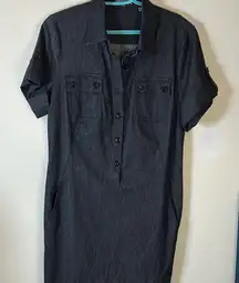 Vince Charcoal Button-Up Dress MIDI Size 12 Denim look‎ rolled short sleeve