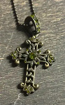 Cookie Lee Antiqued Brass and Green Gemstone Cross Necklace