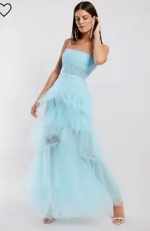 BCBGMAXAZRIA Bcbg Oly Tiered Ruffle Tulle Evening Gown in Angel Blue