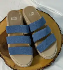 EILEEN FISHER Mayla Womens Denim Wedge Sandals‎ Sz 8 Triple-Band Cushioned Comfy