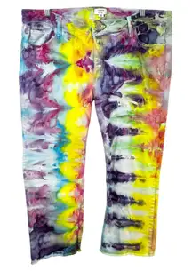 Crown & Ivy Sz 16 Capri Jeans Handmade Tie Dye Denim Yellow Purple Raw Hem 1478