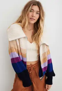 Aerie striped zipper front colorful knit sweater size L