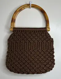 Vintage Brown Macrame Crochet Boho Handbag Purse Bamboo Handles Gingham Lining