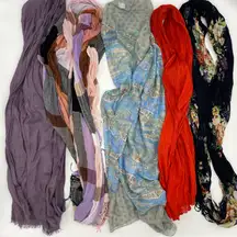 Gauzy Scarves Set‎ of 5 Mixed Long Infinity Paisley Fringe Raw Edge Floral Plaid