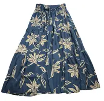 Angie L Large Pants Smocked Waist Tiered Wide Leg Tie Blue Floral Resort Boho