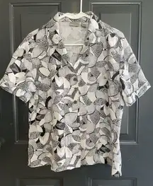 Chico's Linen Button Down Casual Shirt Black & White Floral Short Sleeve Womens 2