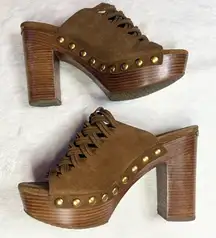 Michael Kors Westley Brown Woven Suede Studded Platform Heel Mule Sandals Size 7