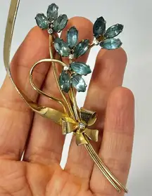 Coro Sterling silver craft gold plated and blue flower rhinestone vintage brooch