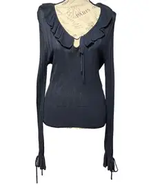 Koren Top Navy Ruffle Lightweight Open Ribbed Knit Sweater