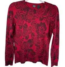 Saks Fifth Avenue Red Floral 100% Cashmere Knit Crewneck Sweater Size Small