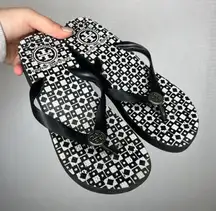Tory Burch Black White Geometric Logo Wedge Flip Flop Sandals Women's