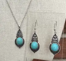 Faux Turquoise Leaf Necklace and Earring Set