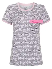 Rene Rofe Pillow Talk Lightweight Hacci Short Sleeve Cat Kitty Stretchy Knit Top