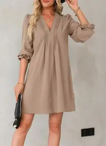 ⟡ camel/tan long-sleeve babydoll mini dress in size S ⟡