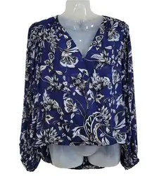 White House Black Market WHBM Blue Floral High Low Long Sleeve Blouse Top Size 0