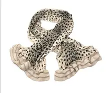 Tan and black leopard print ruffle cashmere angora blend scarf