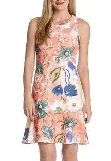 Karen Kane Peach Floral Sleeveless Drop Waist Scuba Dress Size L