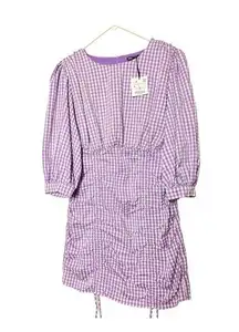 ZARA  Women's Blogger Style Lilac Gingham Pattern Rushed Side  Mini Dress Sz L