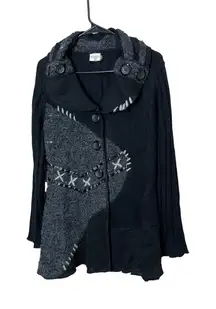 Sioni Studio Black Gray Patchwork Knit Cardigan Sweater Artful Boho L