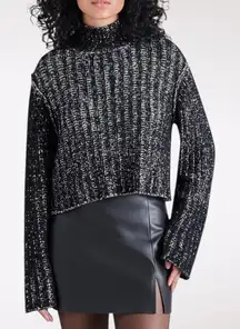 Steve Madden Black White Popcorn Bouclé Knit Mock Neck Sweater Large