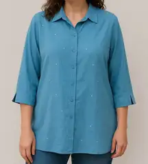 Vtg. Maggie McNaughton Linen Blend Button Down Top Embellished‎ 3/4 Sleeve 2X