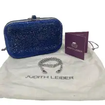 Judith Leiber Crystal Slide Lock Box Minaudiere Clutch Bag Navy Silver