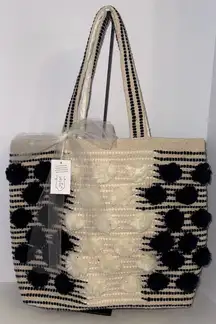 Mud Pie Handloom Pom Tote Bag Navy Large Textured Pompoms New