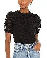 Black Allover Lace Lined High Neck Puff Sleeve Top