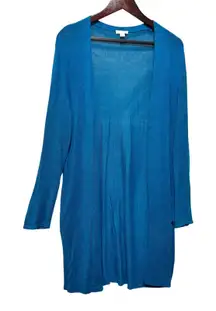 J Jill Women Open Front Duster Cardigan L Teal Linen Rayon Lightweight Layer
