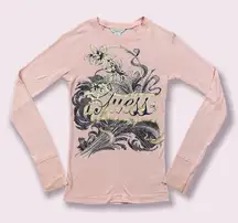 Guess Vintage Y2K Light Baby Pink Gold Floral Fitted Graphic Long Sleeve Top