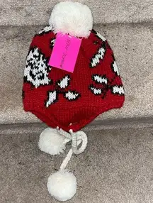 Betsey Johnson NWT winter knit hat in red and white with hanging pompoms.