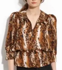 Parker 100% Silk Leopard Print Peplum Blouse Size XS Fun Festive Holiday Dressy
