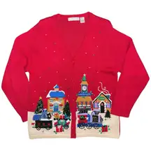 VTG 90s Victoria Jones Christmas Sweater Sz L Embroidered Cardigan Train Village