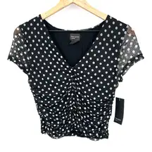 free press black white polka dot rouched mesh top cropped pin-up retro L