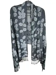 Pashmina SIlk Gray Leaf Print Woven Tasseled Blanket Scarf Wrap