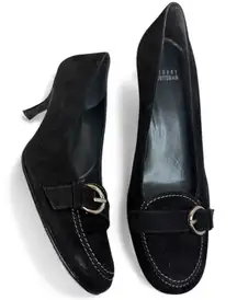 Stuart Weitzman 10M Black Suede Leather Madeline Loafer Pump Buckle Heel