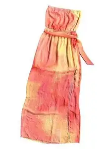 | Lush | Peachy Yellow Tie-Dye Breezy Sheer Tube Strapless High Slit Maxi Dress