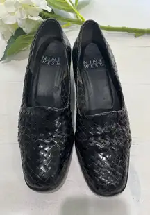 Nine West‎ Black Woven Leather Block Heel Pumps Shoes 6M