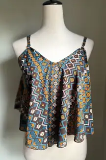 Boho Hippy Aztec Y2K Blue Brown Cropped‎ Flowy Tank Top Medium Women's