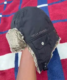 Helly Hansen bear fur ear flap black faux fur winter trapper hat furry warm