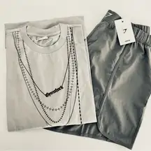 Gymshark L/XL Scallop Hem Shaped Shorts & Elevate Chain Oversized T-Shirt Set