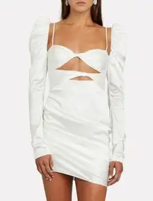 the bar white silk twist front puff sleeve crystal long sleeve ruched mini dress