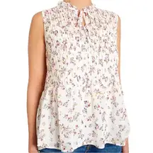 New  Floral Bow Tie Keyhole Neck Smocked Sleeveless Blouse Ivory