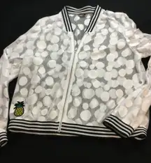 Zoe White Polka Dot Sheer Mesh Bomber Jacket Pineapple Patch Striped Trim‎ L